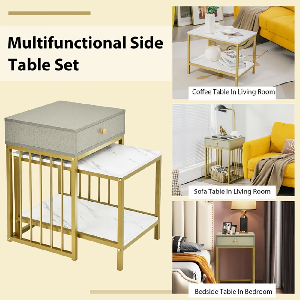Finihen Rectangular Nesting Coffee Table, Modern Nesting Side Set, 2 Pieces Modern Nesting Coffee Table Set with Drawer and Shelf, for Living Room, Bedroom, Reception Room, White