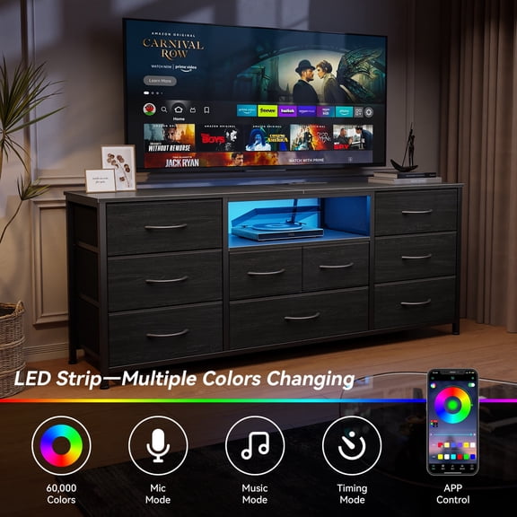 Tydimor TV Cabinet Stands for TVs up to 65", Entertainment Center with Outlet & LED, Media Console Table with 9 Drawers for Living Room, Black