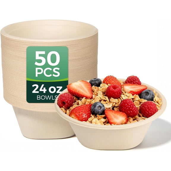 [50 Pack] 24 OZ Heavy Duty Disposable Paper Bowls - Made from Natural Bagasse Eco-friendly for Hot Soup, Salad, Dessert