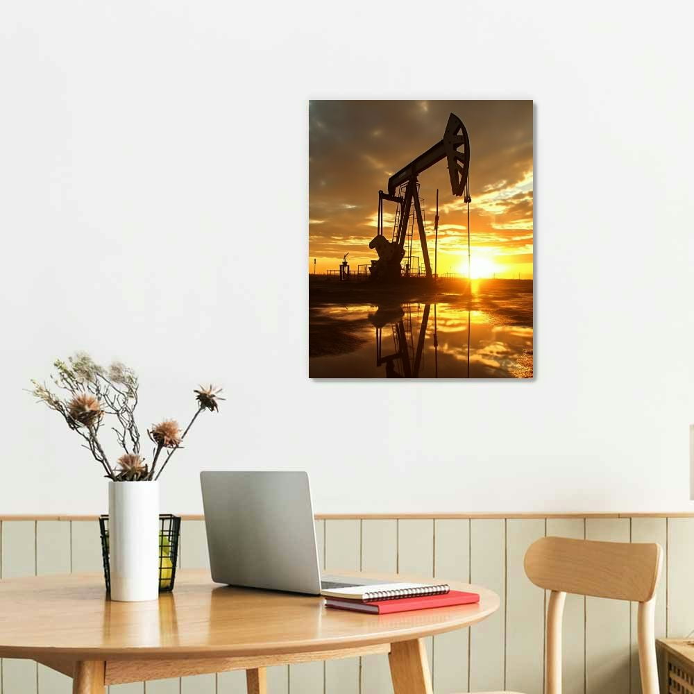 JEUXUS Oil Pump Wall Art Oil Rig Picture Wall Decor OilField Canvas Print Oil Field Poster Painting Framed Home Living Room Bedroom Decoration  Ready to Hang