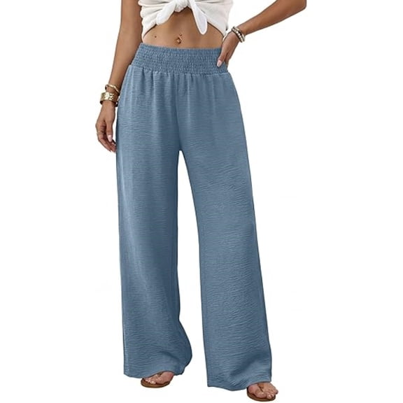 VV AVEORS Wide Leg Pants Woman High Smocked Waist Trousers With Pockets Casual Lounge Flowy 2026 Summer Beach Vacation Clothes Blue L