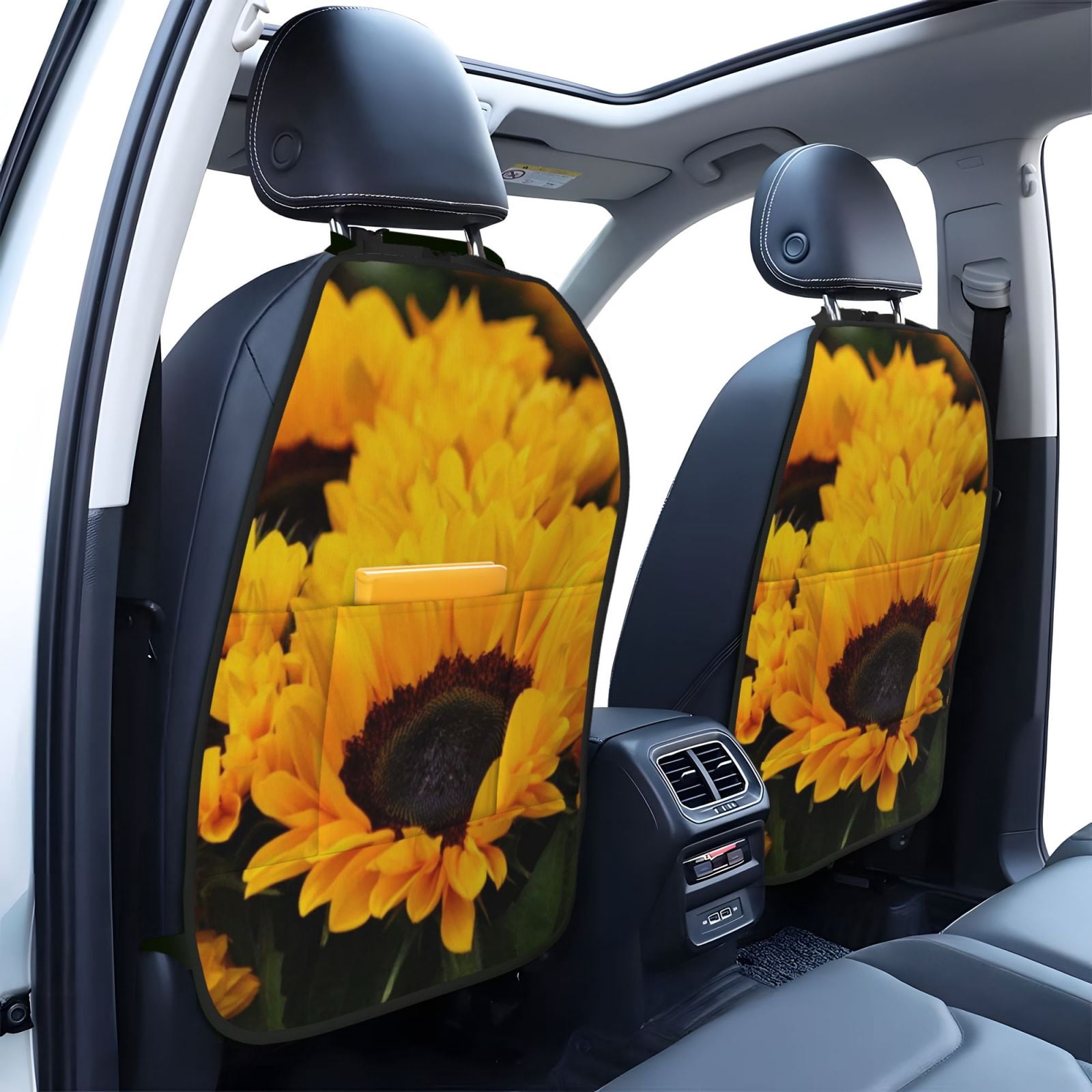 Xecao Flower Bush Sunflower Pattern Car Seat Back Protector 2 Pack Large Capacity Pocket, Kick Mats Back Seat Protector