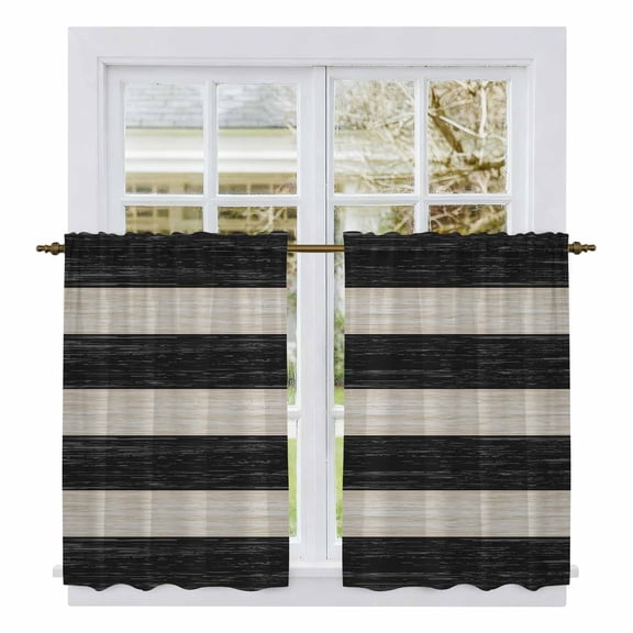 Black White Striped Kitchen Curtain for Berdoom Living Room Cafe 54 Inch Length, Farmhouse Vintage Shabby Chic Wood Grain Tiers Curtains Light Filtering Drapes Window Treatment 2 Panels 52"Wx54"L