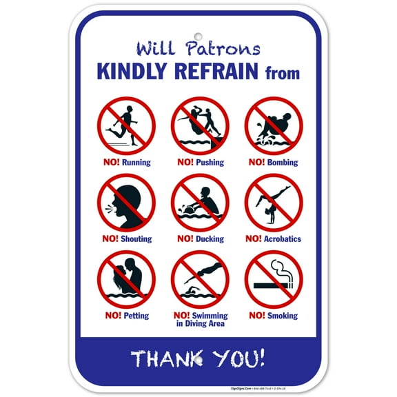 Pool Rules Sign, No Running No Pushing No Smoking, 12x18 Aluminum