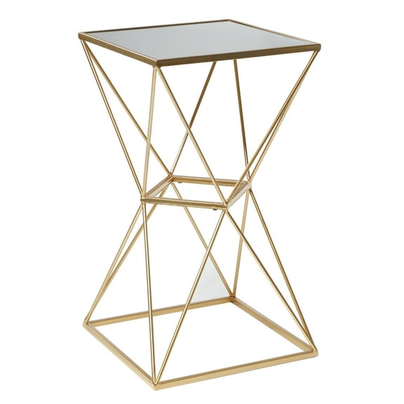 DecMode 16" x 28" Gold Metal Geometric Accent Table with Mirrored Glass Top, 1-Piece