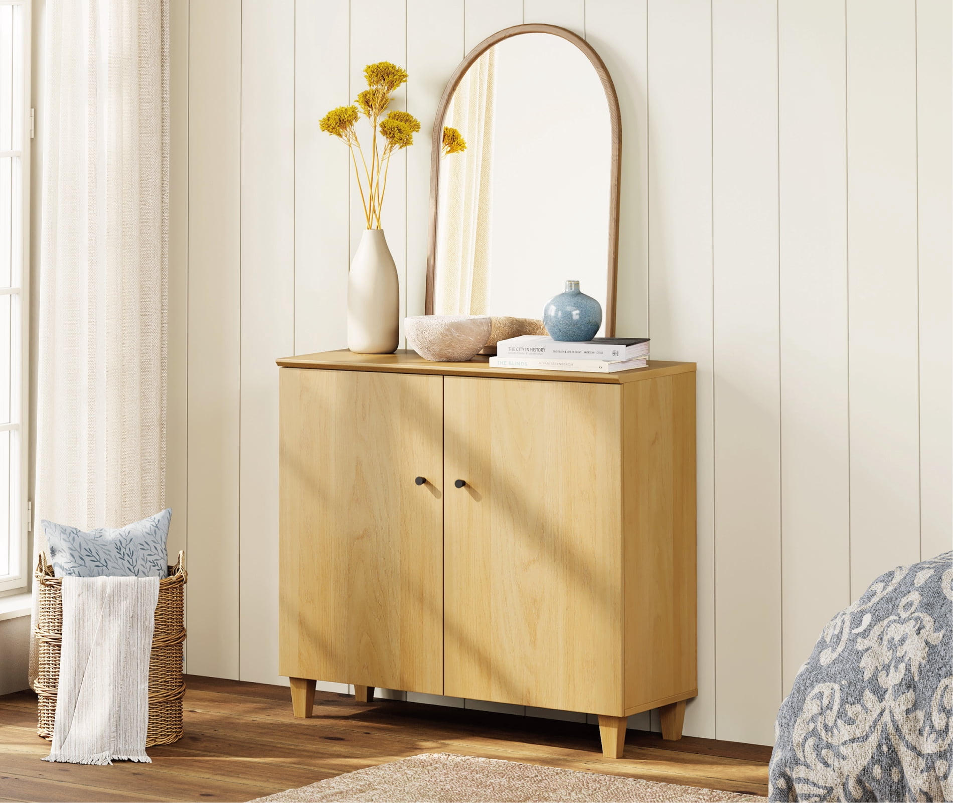 Set of 2 Storage Cabinet with 2 Doors, Modern Accent Cabinets with Solid Wood Legs, Anti-tip Kits, for Living Room, Dining Room Bedroom Hallway, Oak