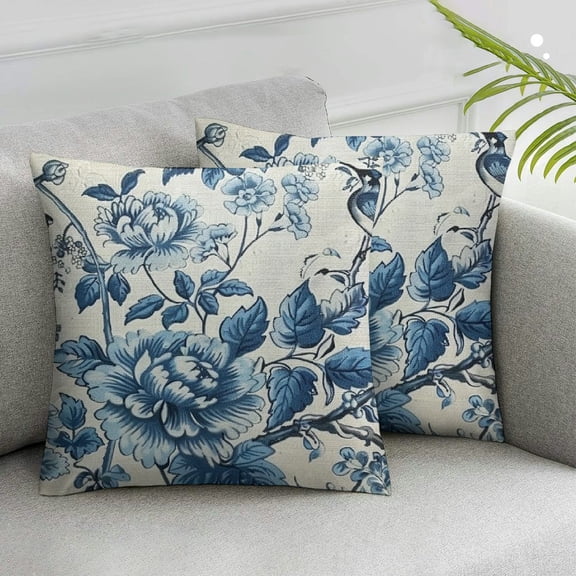 Acheng Spring Floral Birds Pillow Covers 2pcs for Chinoiserie Flowers Decor Throw Pillows Blue and White Plant Outdoor Decorative Cushion Cases for Couch Bed Decorations White