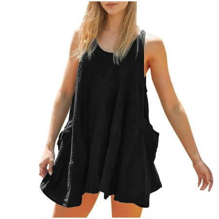 BUIgtTklOP Casual Dress for Women Summer Hem Sleeveless Dress Beach Bikini Cover Up Tank Sundresses with Pockets Women s Summer Comfort Solid Color Backless Round-Neck Dress