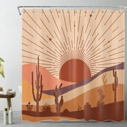 Modern Boho Mid Century Shower Curtain for Bathroom, Abstract Mountain Cactus and Sunset Landscape Minimalist Fabric Shower Curtain with Hooks, Terracotta Bathroom Curtains Shower Set, 72x78 inches