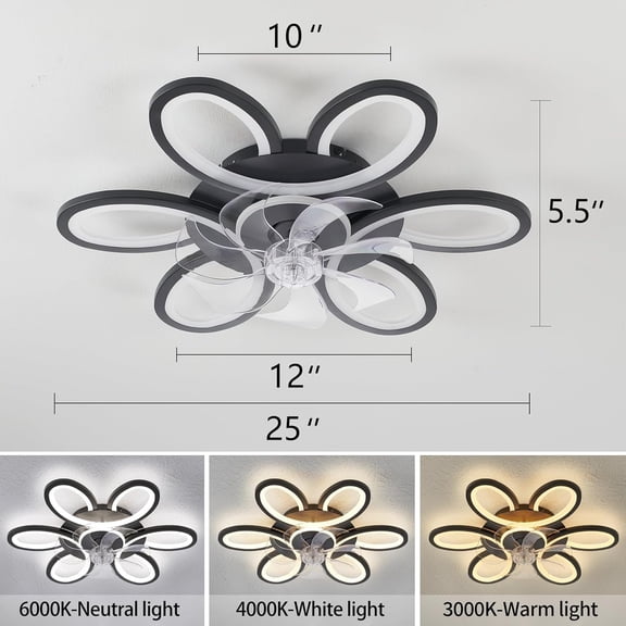 Black  Ring Ceiling Fan with Light, 25 Inch Low  Flush Mount Fan with Dimmable LED Remote Control for Bedroom Kitchen