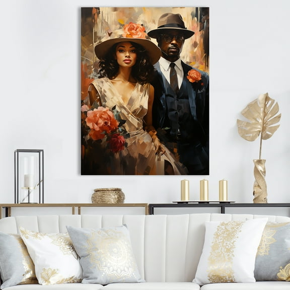 Designart "Dynamic Jazz African American Couple in Gold II" People Canvas Wall Art - Global Black Harlem Renaissance Living Room Canvas Art