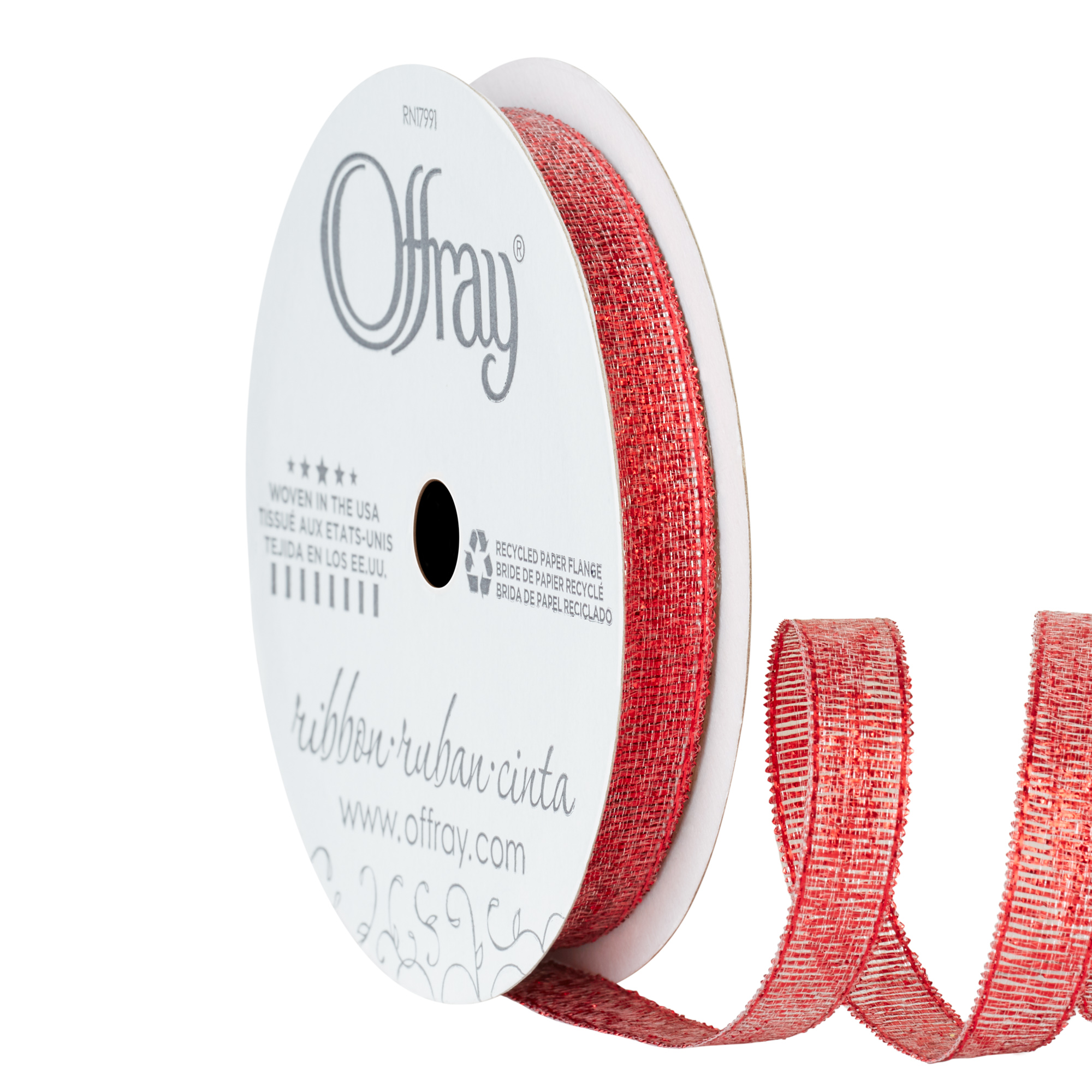 (3 pack) Offray Ribbon, Red 3/8 inch Galena Metallic Ribbon for Wedding, Crafts, and Gifting, 9 feet, 1 Each