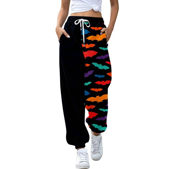 Women Halloween Cute Ghost Print Jogger Pants JIANLAI Drawstring Elastic Waist Casual Sweatpants With Side Pockets, Loose Fit Fall Festival Loungewear Trousers