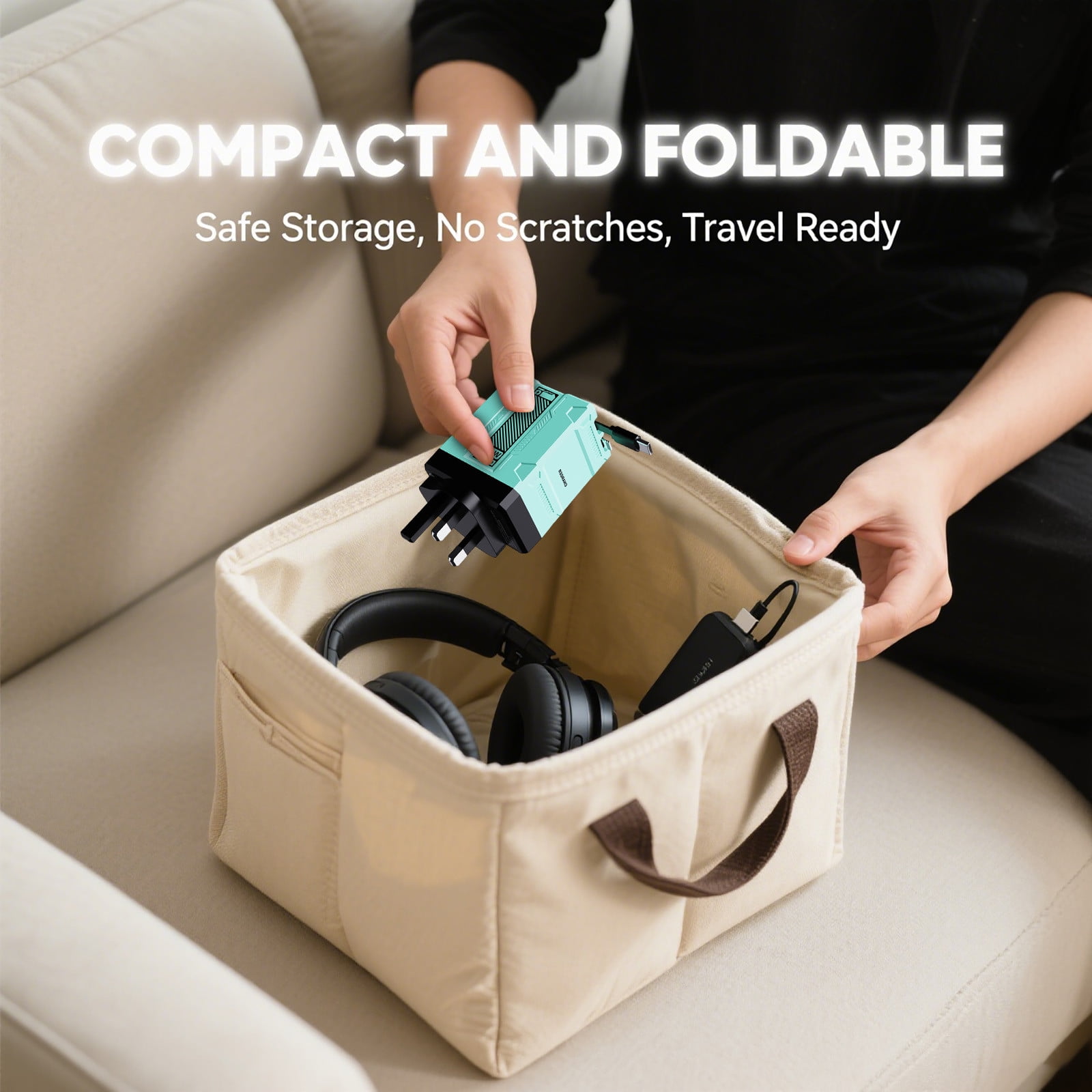 120W 2-in-1 Retractable Fast Charger, GaN Foldable Wall Plug with Built-in Cable, Portable Charging Adapter for Phones, Tablets & Laptops