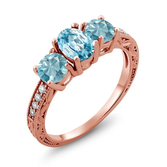 Gem Stone King 3.07 Ct Oval Blue Zircon 18K Rose Gold Plated Silver Moissanite Ring (Size 8)