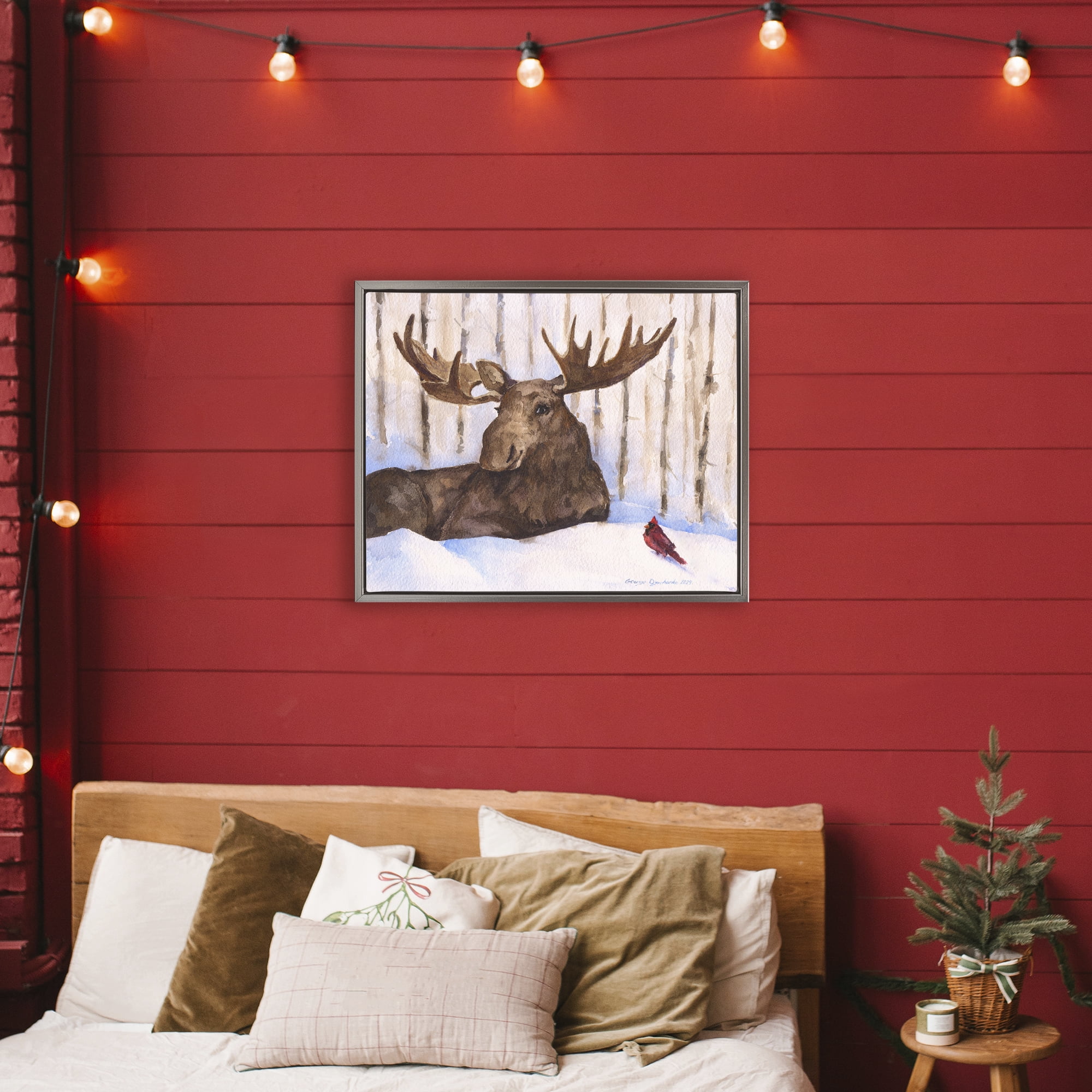 Stupell Industries Moose & Red Cardinal Gray Framed Floater Canvas Wall Art, design by George Dyachenko