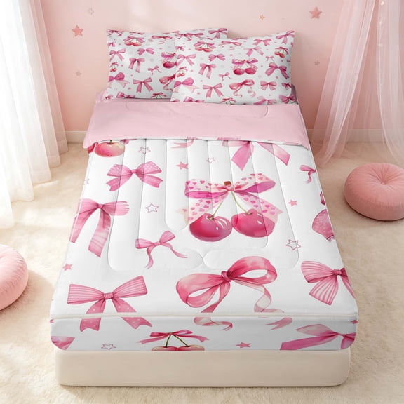 Erosebridal Cute Bowtie Zipper Full Size Comforter Sets with Fitted Sheet and 2 Pillowcases, Kawaii Bow Zipper Bedding Set, Pink Reversible, Baby Pink, Pink Reversible