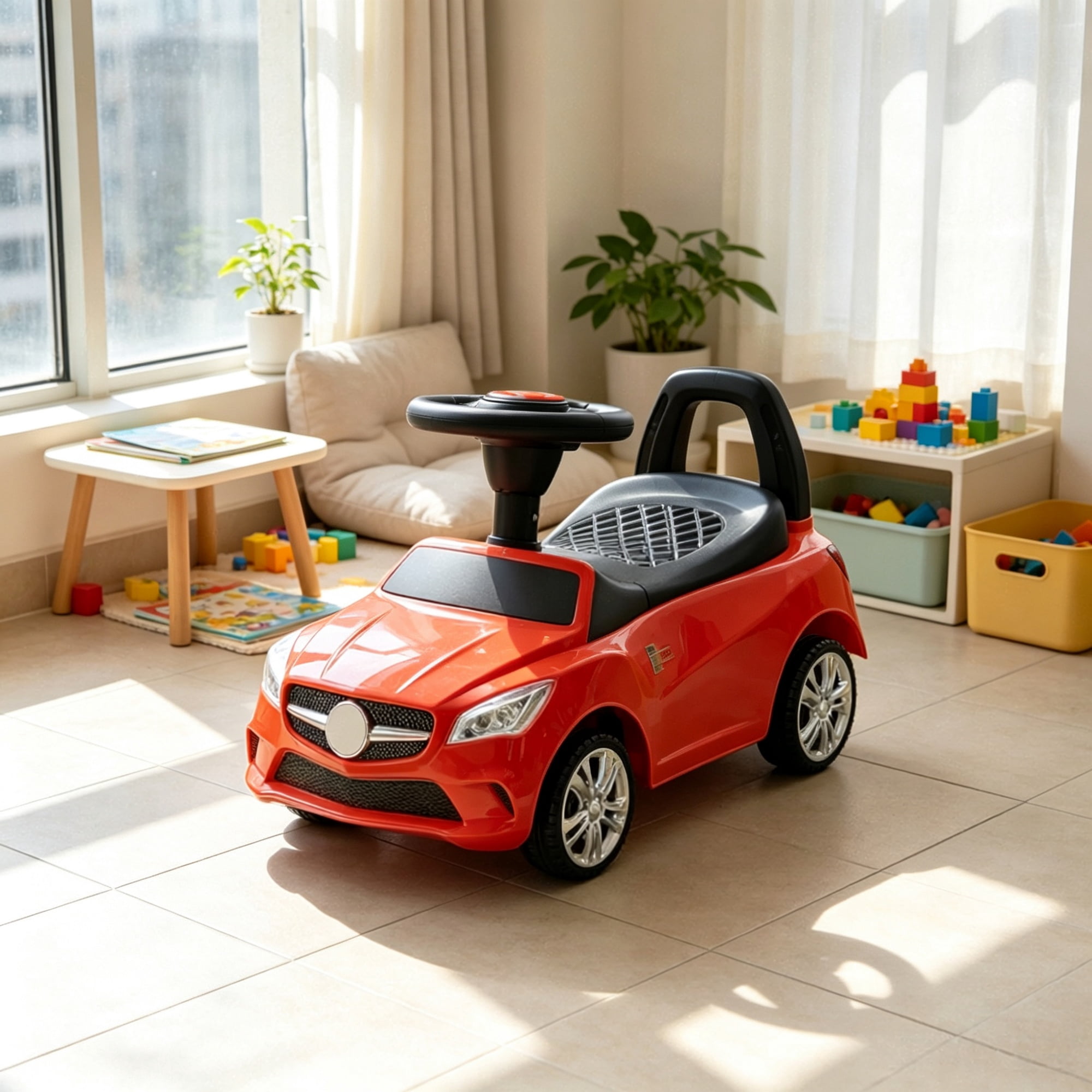 Toddler Foot-to-Floor Ride-On Push Car, Sliding Walking Toy with Working Horn, Music, Headlights & Under-Seat Storage, Red