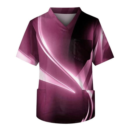 

Alrise Mens Scrub Tops V-Neck Short Sleeve American Shirts with Pockets Hot Pink Small