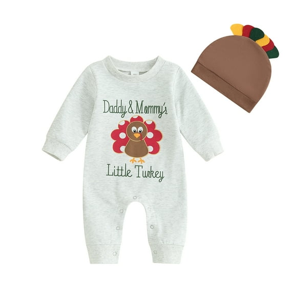 Okbabeha Newborn Baby Boy Girl Clothes Daddy Mommys Little Turkey Jumpsuit Romper Fall One Piece Thanksgiving Outfit Hat
