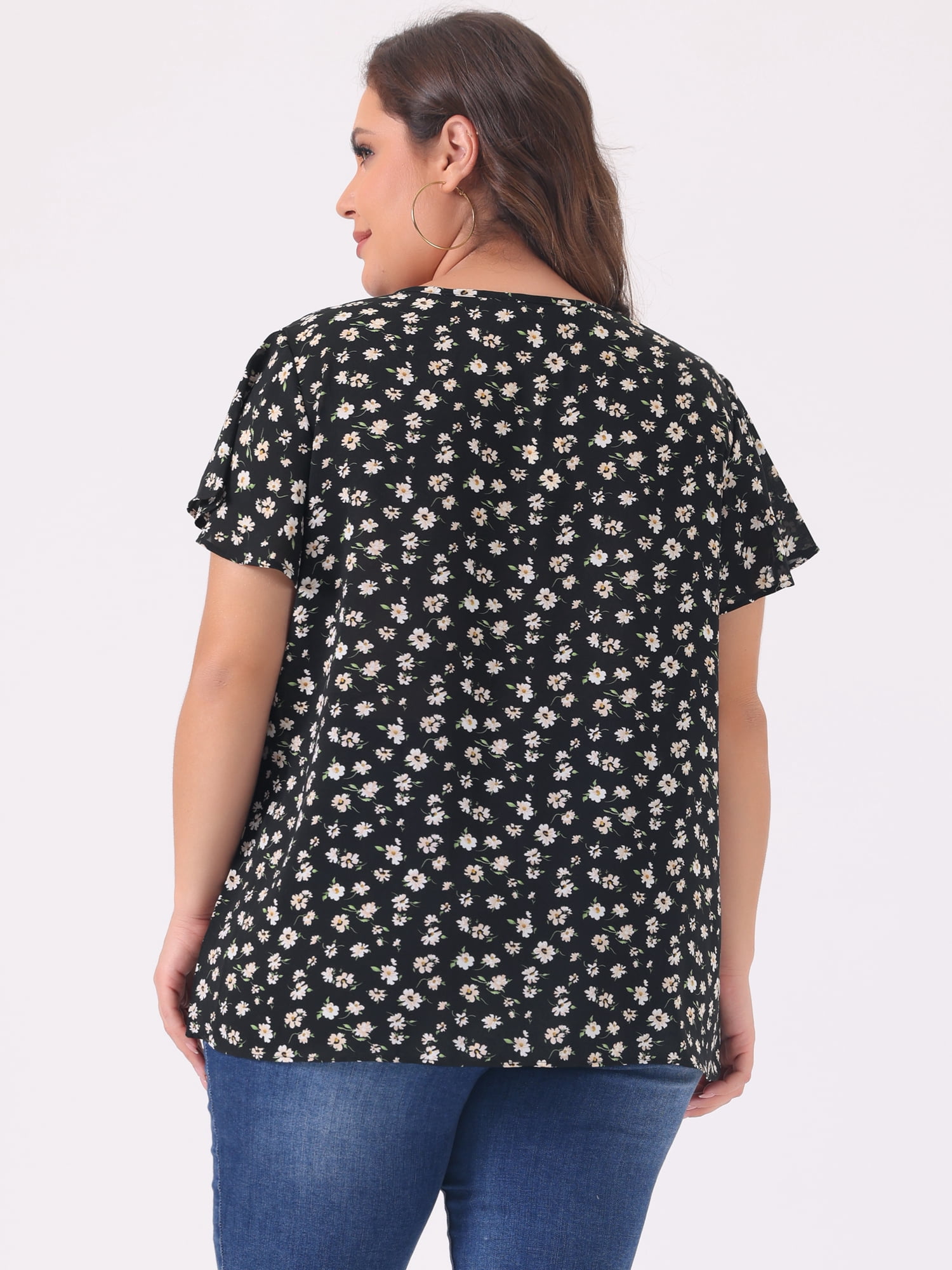 DARING DIVA Women's Plus Ruffle Short Sleeve Keyhole Chiffon Blouse L Black Pink