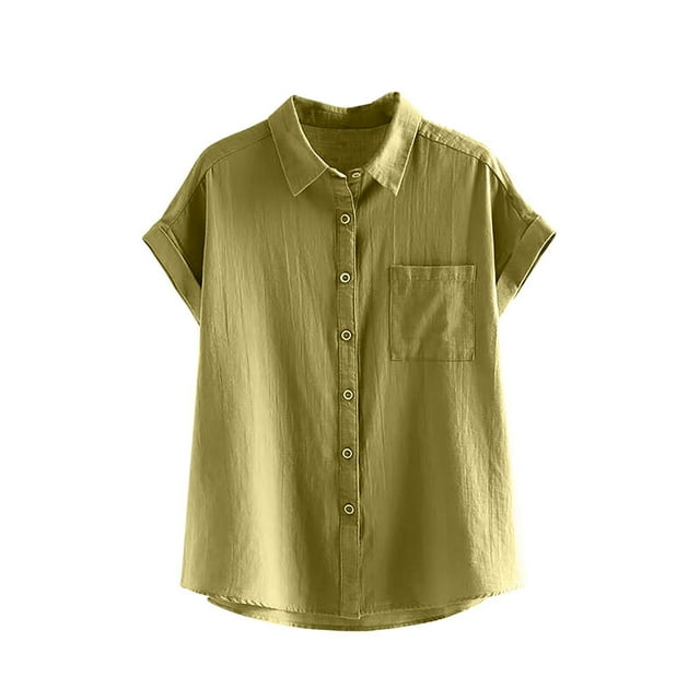 Ovbmpzd Business Workout Womens Tops Trendy Cap Sleeve Green Collared Solid Button down Shirts Womens Blouse M