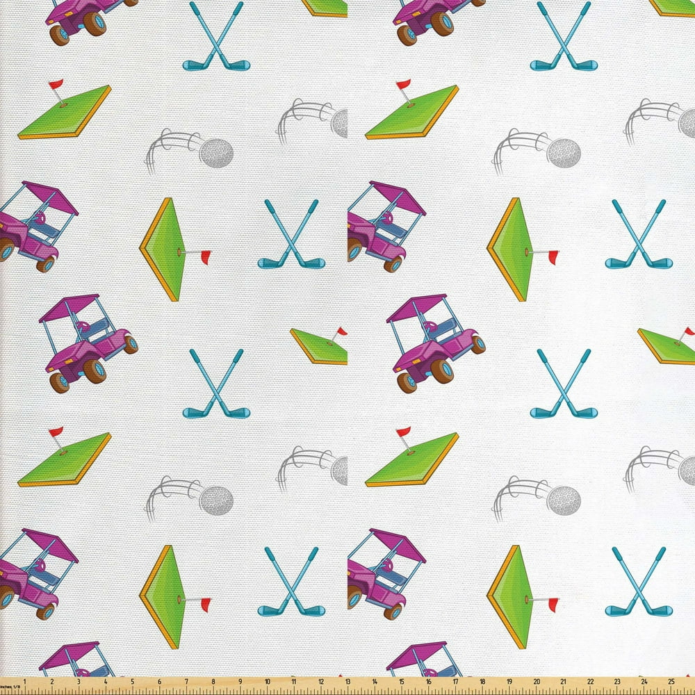 Golf Fabric by The Yard, Clubs Carts Ball Flag on the Grass