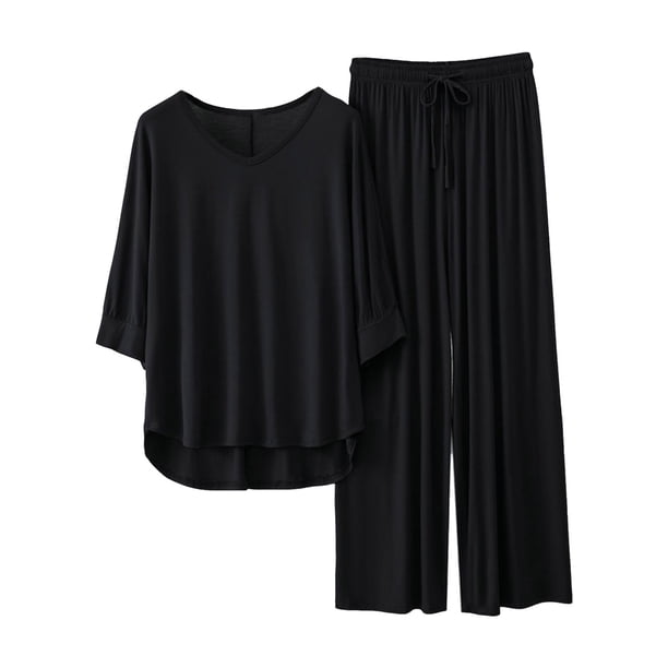 Conjunto de pijama de manga 3/4 para mujer: top con cuello en V y pantalones con cintura elástica, tejido de poliéster, ropa informal para estar por casa - Tallas L/XL