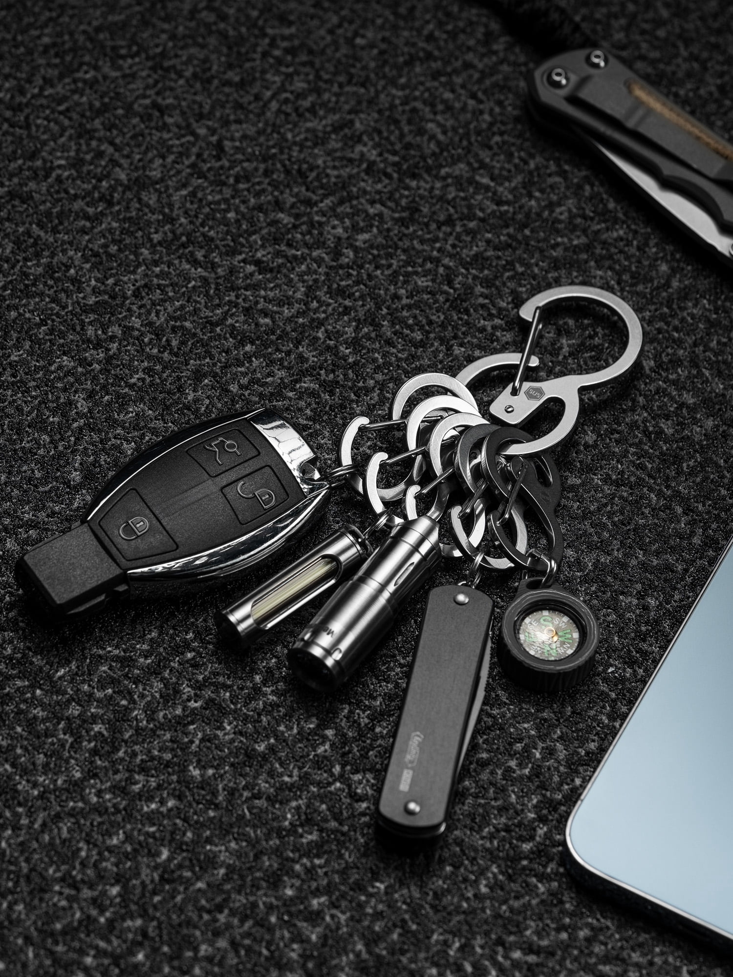 Key Unity 6pcs Stainless Steel Key Chain, KS04 Quick Released Backpack Clasp for Keys, Flashlight, Folding Knife and Whistles, Silver