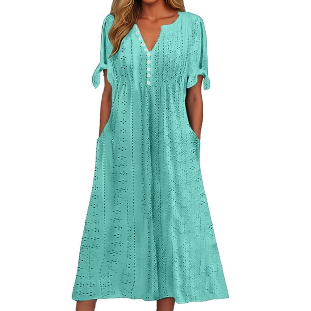 Vestido largo liso con cuello en V, encaje recortado y volantes para mujer - Poliéster spandex, diseño sexy y elegante, adecuado para fiestas/vacaciones