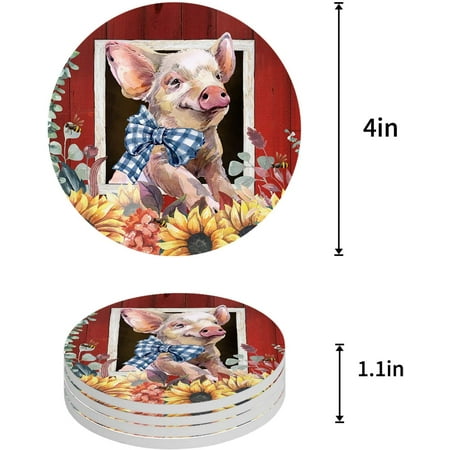 

KXMDXA Farm Barn Cute Pig and Sunflower Set of 6 Round Coaster for Drinks Absorbent Ceramic Stone Coasters Cup Mat with Cork Base for Home Kitchen Room Coffee Table Bar Decor