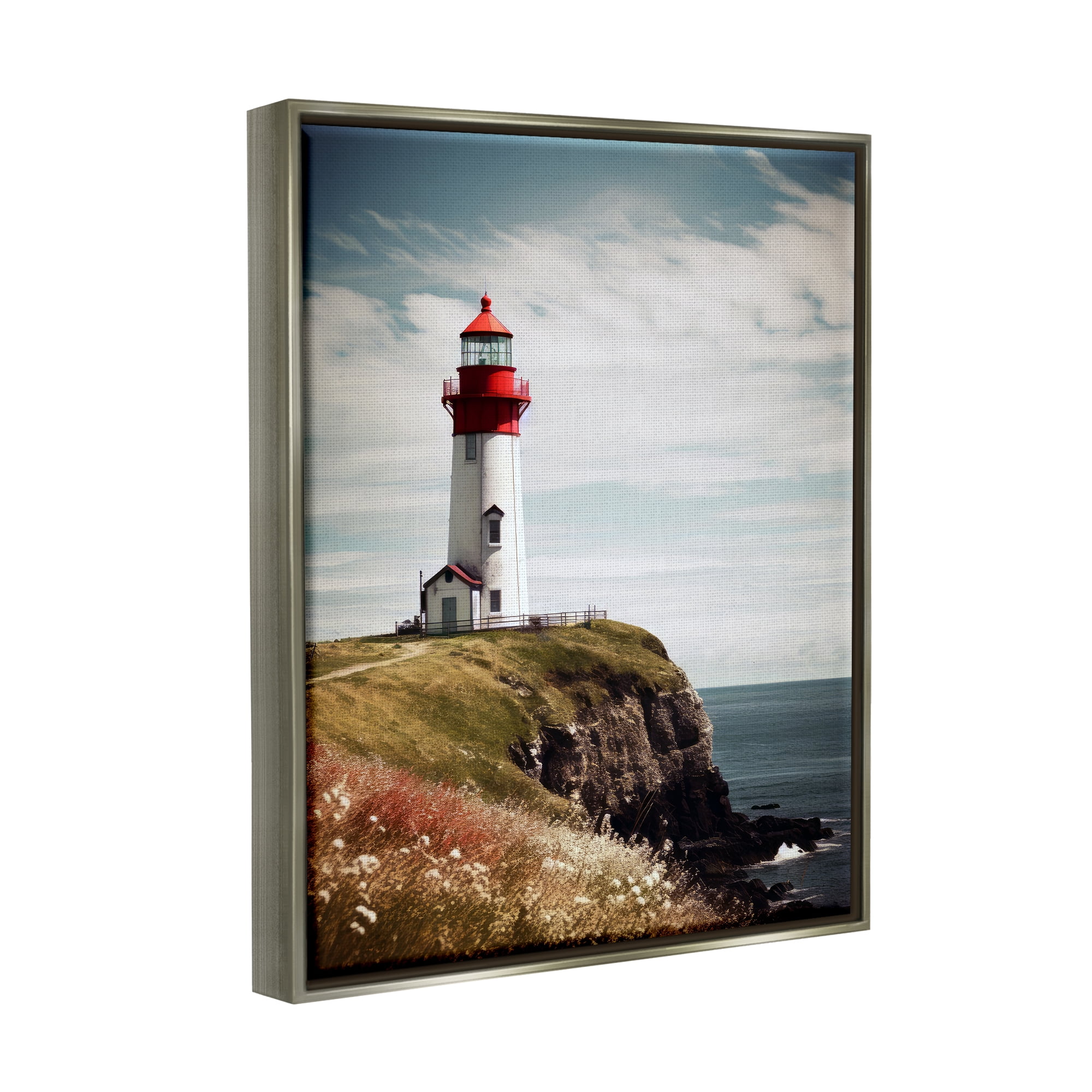Stupell Industries Lighthouse on High Cliff Landscape Photography Gray Floater Framed Canvas Art Print Wall Art, 17 x 21