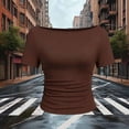 thumbnail image 4 of hoksml Women's Ribbed Boat Neck Elbow Sleeve Top, Side Ruched Slim Fit Crop Shirt for Summer Casual Wear, 4 of 5