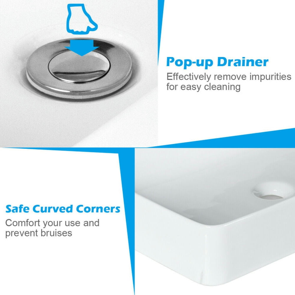 Finihen Bathroom Vessel Sink, Rectangle Ceramic Basin, 24 x 14 Inch Rectangle Bathroom Vessel Sink with Pop-up Drain, White Finihen Bathroom Vessel Sink, Rectangle Ceramic Basin, 24 x 14 Inch Rectangle Bathroom Vessel Sink with Pop-up Drain, White
