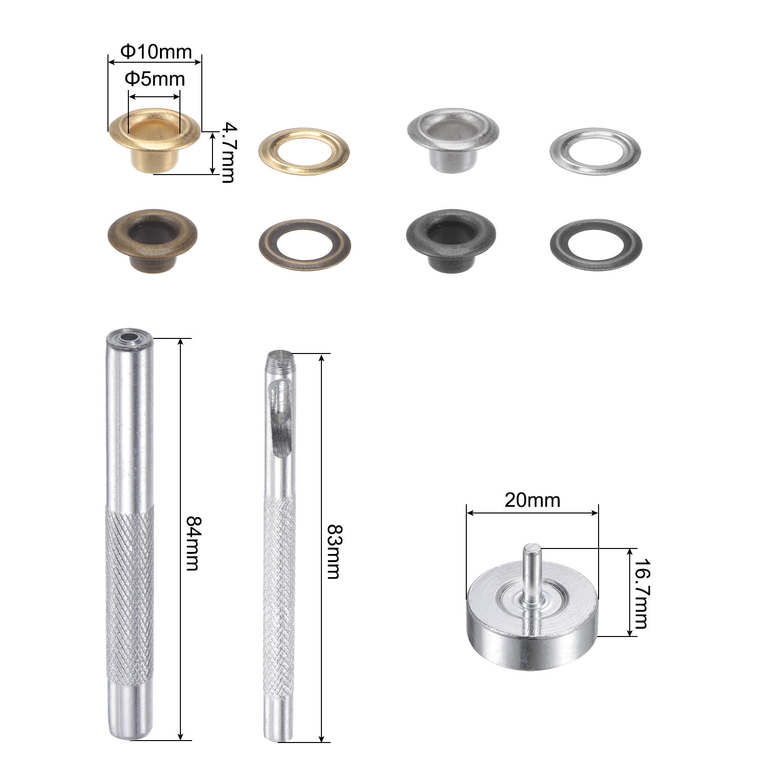4 Colors Grommet Tool Kit 100 Sets 5mmx10mm Dia Copper Grommets Eyelets with 3pcs Install Tools