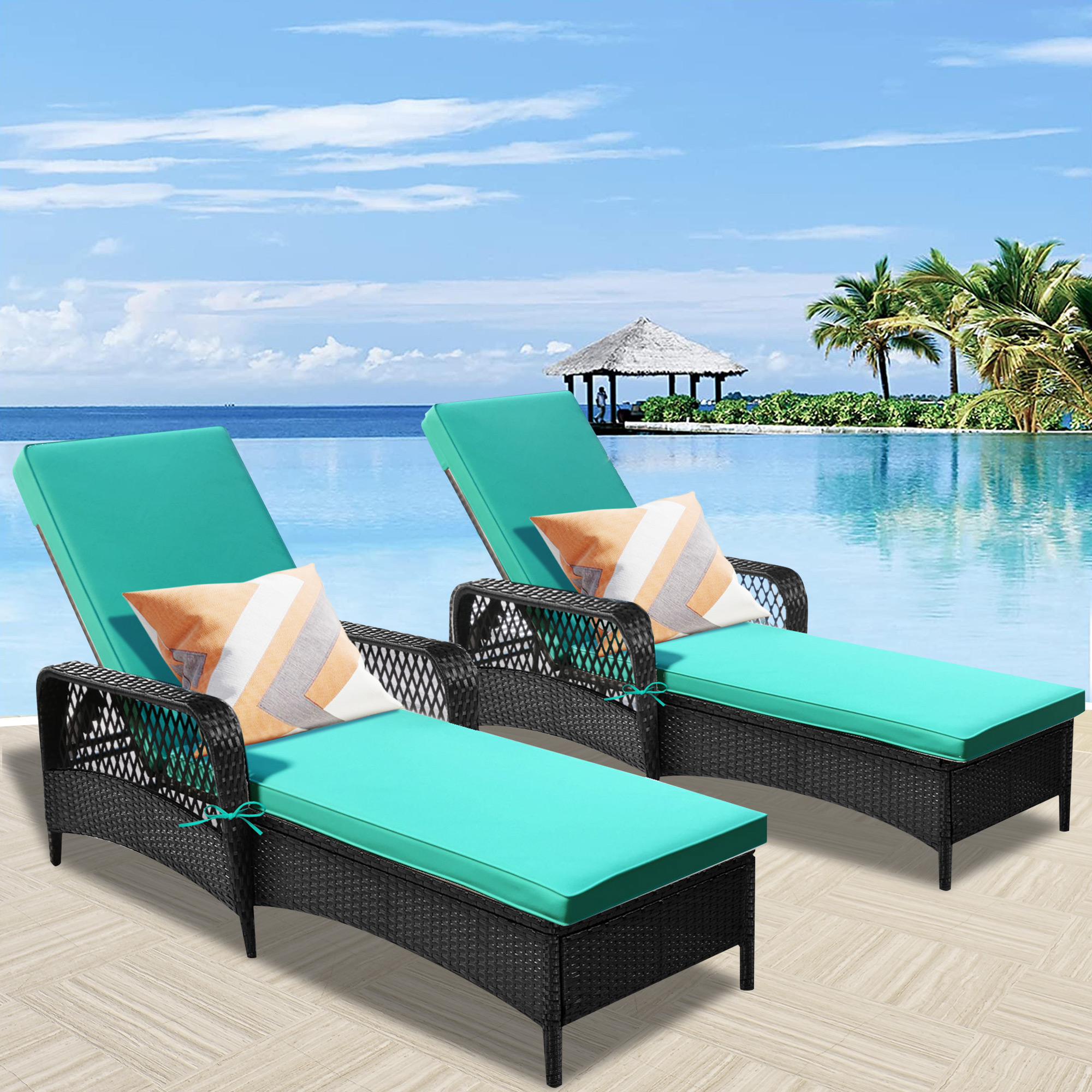 SYNGAR Outdoor Chaise Lounge Chairs, Patio Reclining Sun Lounger, PE Wicker Rattan Adjustable Lounge Chair with Thickened Cushion, Reclining Chair for Poolside, Deck, Backyard, 2 Pack, Green - image 1 of 11
