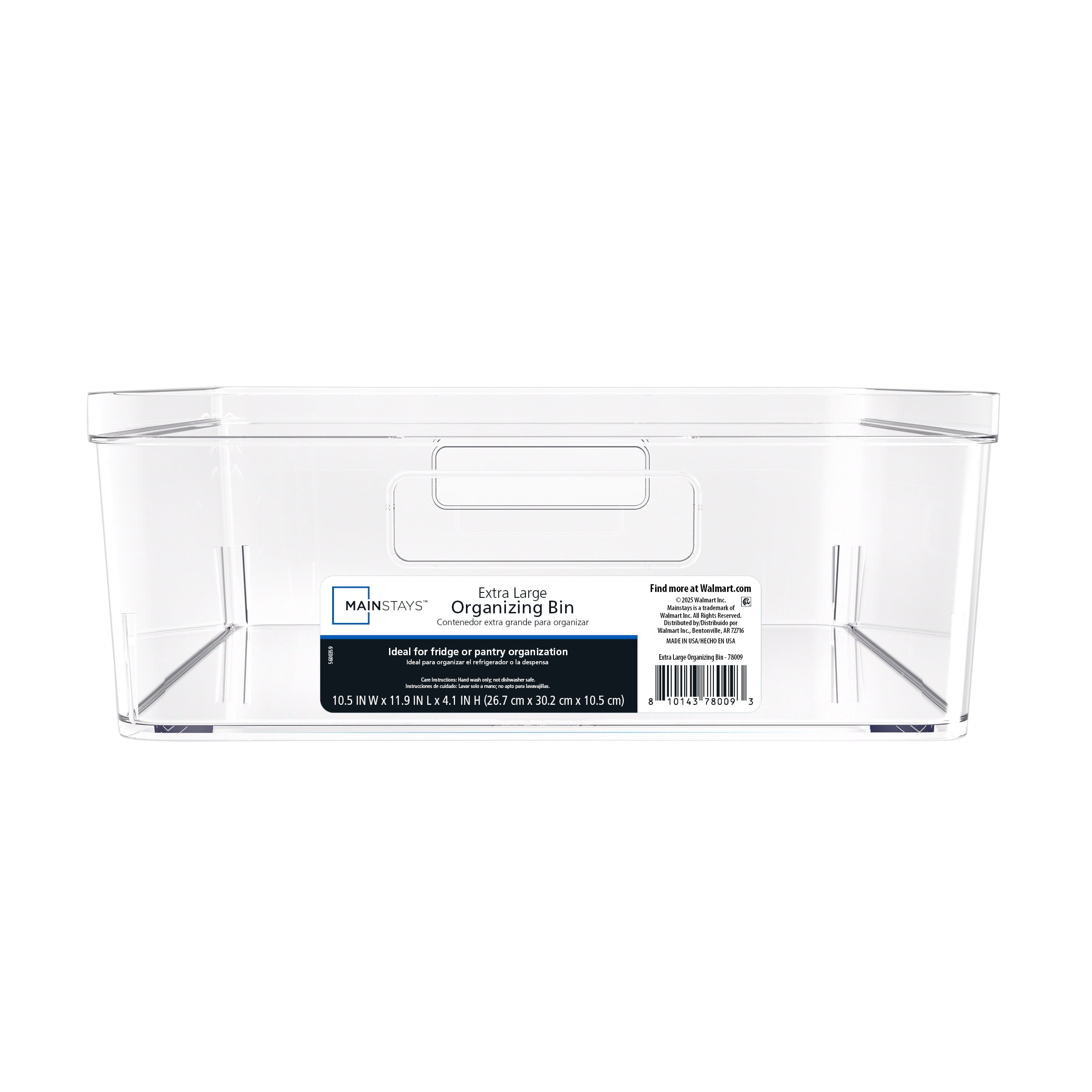 Mainstays Extra Large Clear Plastic Pantry Organizer Storage Bin, Kitchen Cabinet, Fridge and Shelf Storage Container for Pantry and Kitchen Organization, 12" x 10.5" x 4"