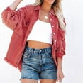 thumbnail image 6 of Hfyihgf Women's Frayed Denim Jacket Casual Long Sleeve Button Up Boyfriend Jean Coat Basic Trucker Jackets Z2#Watermelon Red L, 6 of 7