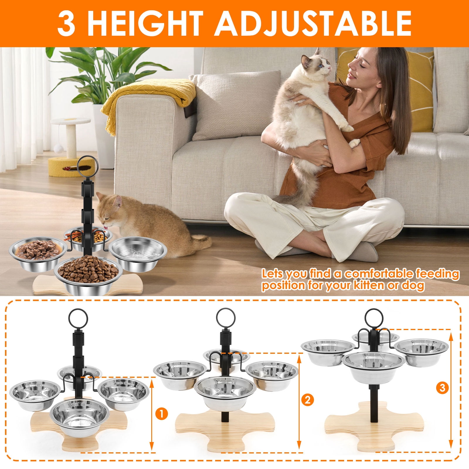 Elevated Cat Bowls with Stand 3 Height Adjustable Pet Feeding Station​ with 4 Stainless Steel Bowls Stable for Small Medium Pets