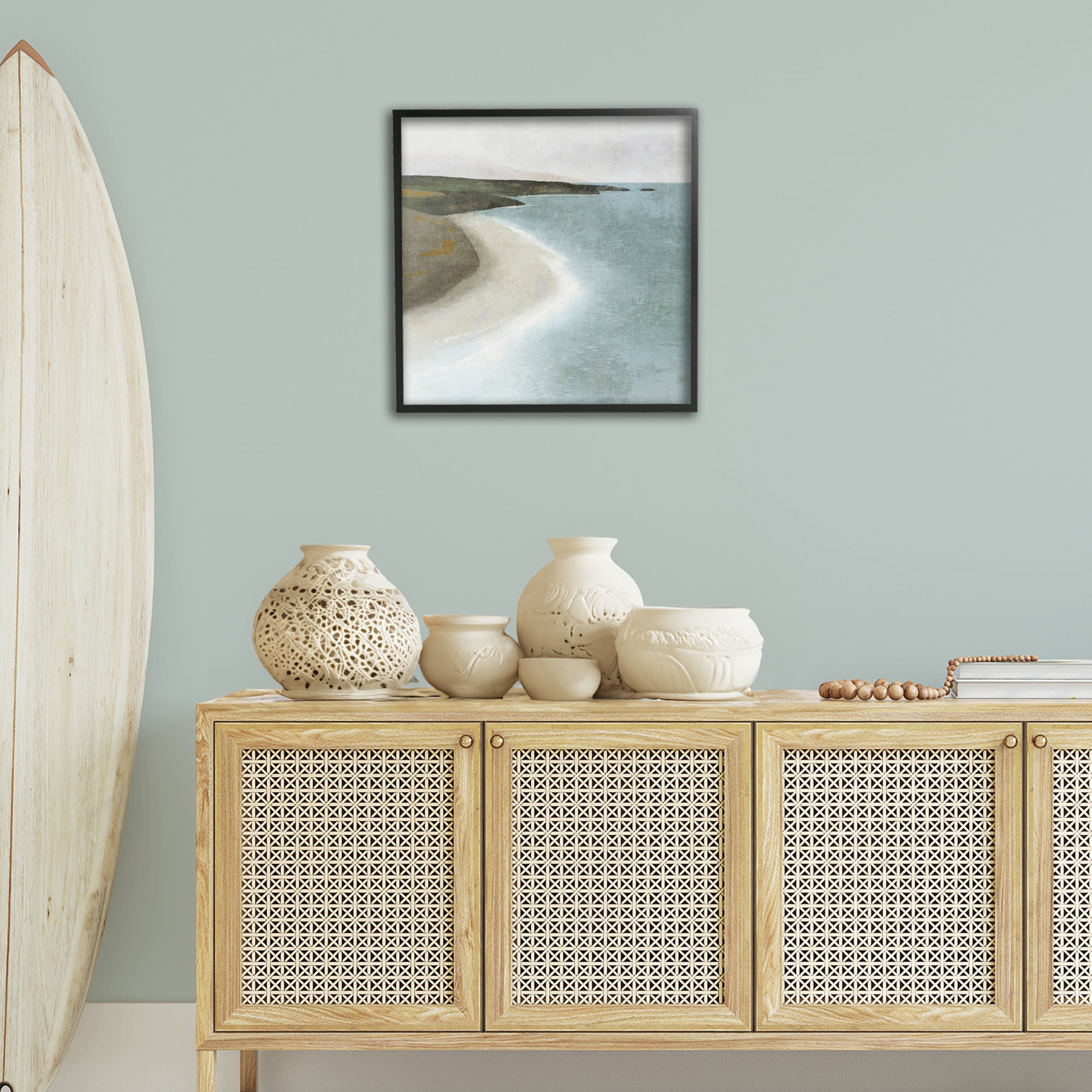 Stupell Industries Simple Serene Coastline Landscape Painting Black Framed Art Print Wall Art, 24 x 24