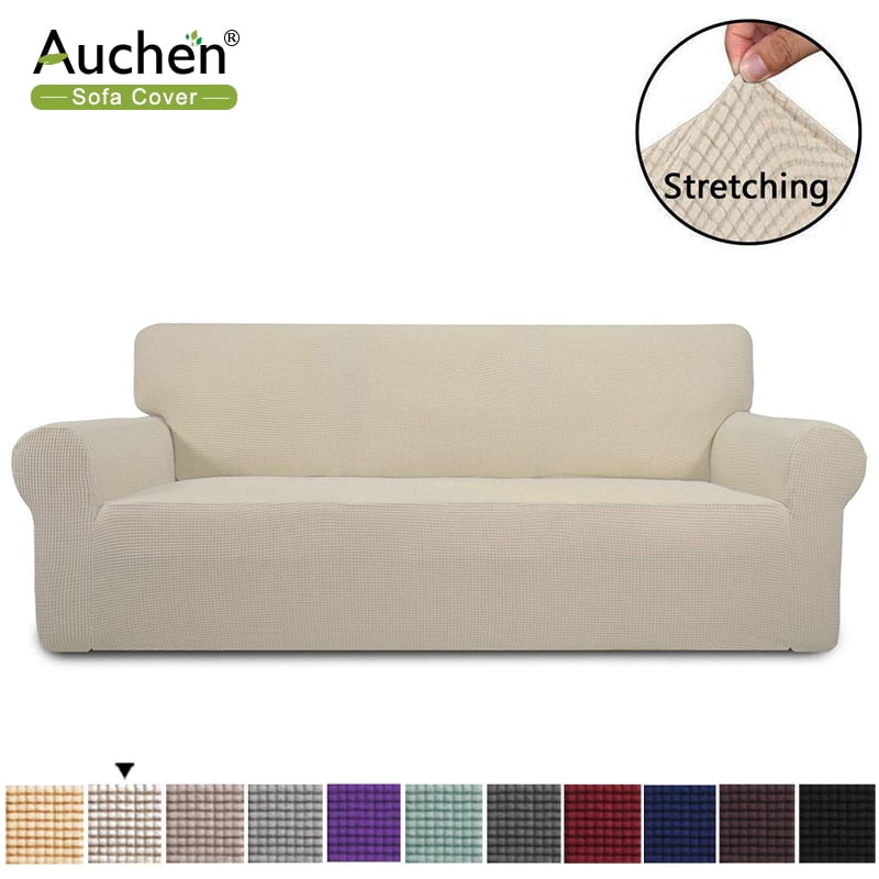 Auchen Leather Sofa Covers Stretch Slipcovers For 3 Cushion Couch Living Room Slipcover Furniture Protector Spandex Jacquard Fabric Small Checks Off White Com Auchen Leather Sofa Covers Stretch, Leather Slipcovers For Sofa Cushions