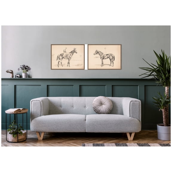 Kate and Laurel Portrait of Race Horse And Mounted Jockey 2 Piece Framed Canvas Wall Art Set by Nostalgia Prints, Sylvie Walnut Vintage, Animal Art for Wall Decor