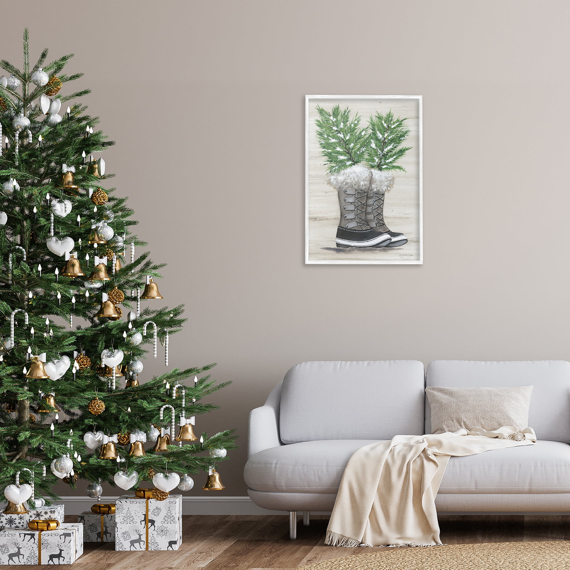 Stupell Industries Winter Sprigs in Boots Botanical & Floral Painting White Framed Art Print Wall Art, 20 x 30