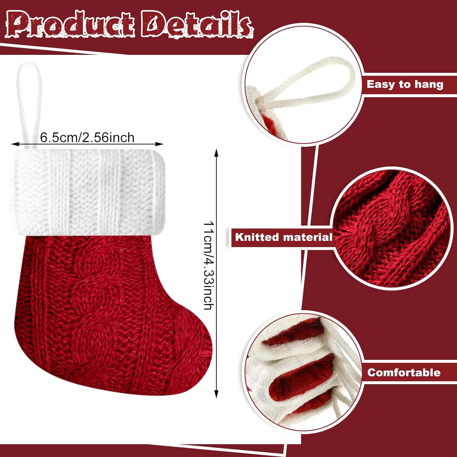 24PCS Christmas Mini Stockings Red Cable Knit Xmas Rustic Stocking Mini Stockings Christmas Bulk Little Holiday Hanging Decorations Christmas Tree Ornaments for Fireplace Mantel Tree Party Decor