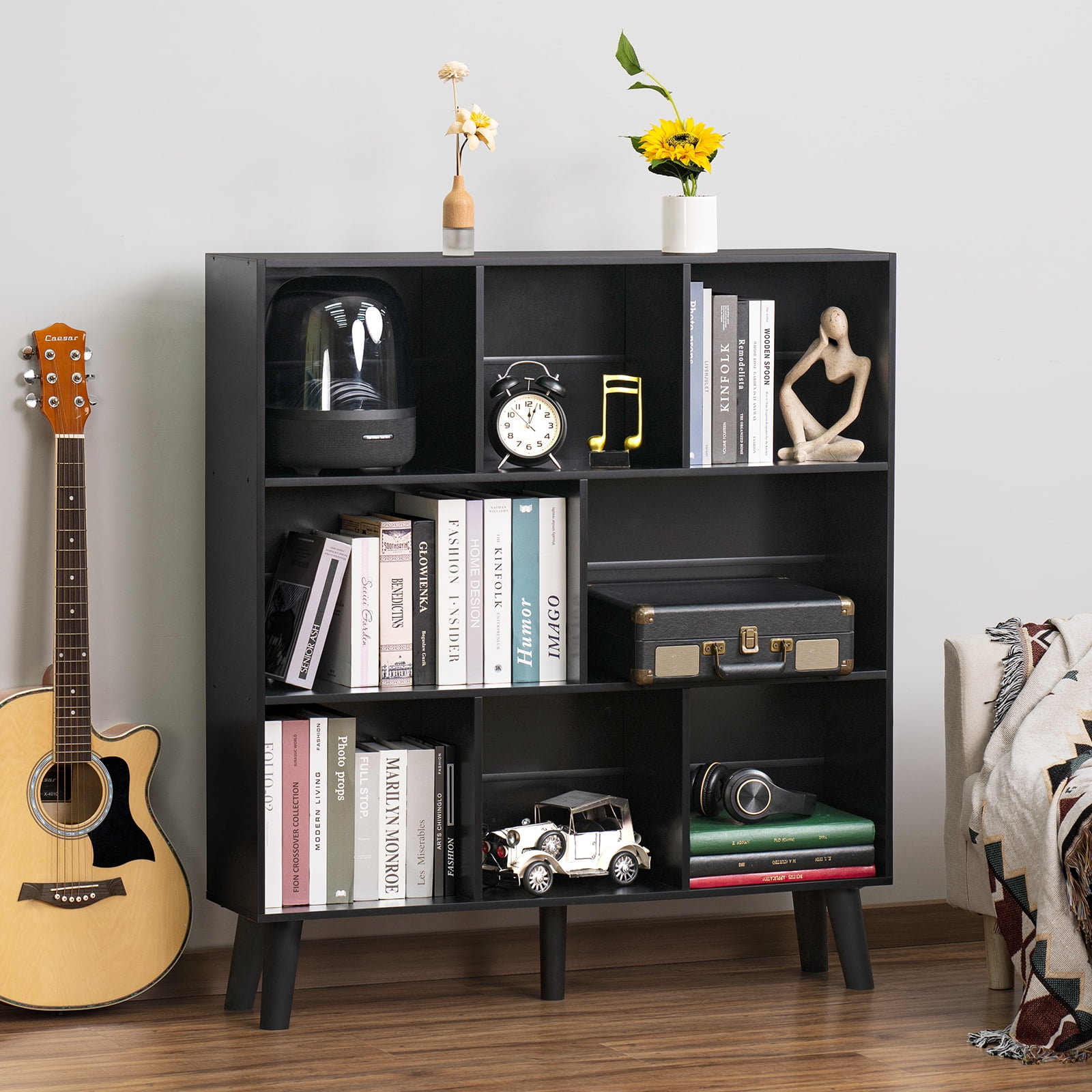 LEYAOYAO 3-Tier Bookcase with 8 Open Cubes, Modern Wooden Storage Rack, Multi-Use Shelf for Living Room, Office, Study, Black
