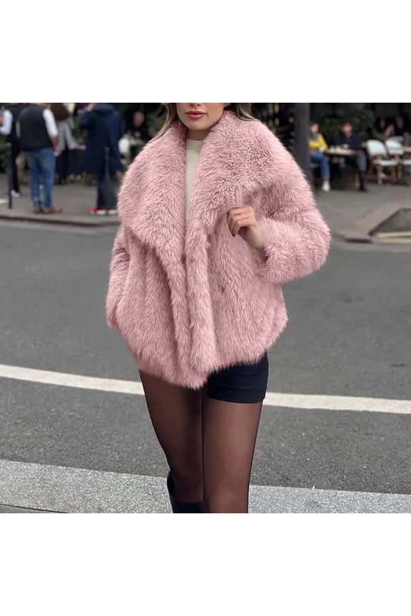 Women's Faux Fur Coat Soft Faux Fur Jacket Long Sleeve Lapel Furry Winter Jackets Shaggy Parka Short Coat XS-XXL