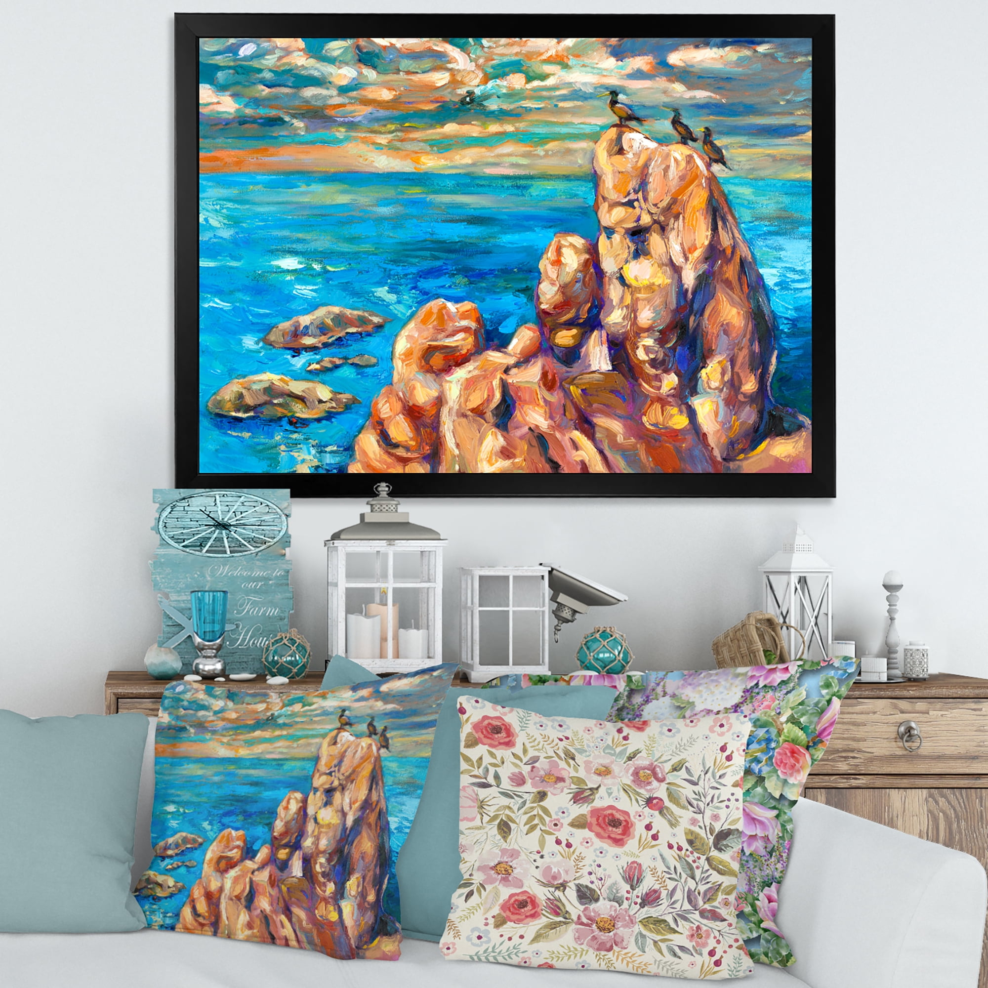 Designart 'The Blue Ocean By Rocky Cliffs I' Nautical & Coastal Framed Art Print