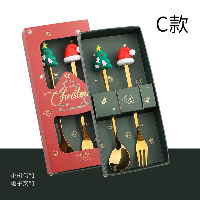 Juego de cucharas navideñas cruzadas, cuchara navideña divertida de dibujos animados, cuchara y tenedor de postre creativo de Papá Noel, regalo