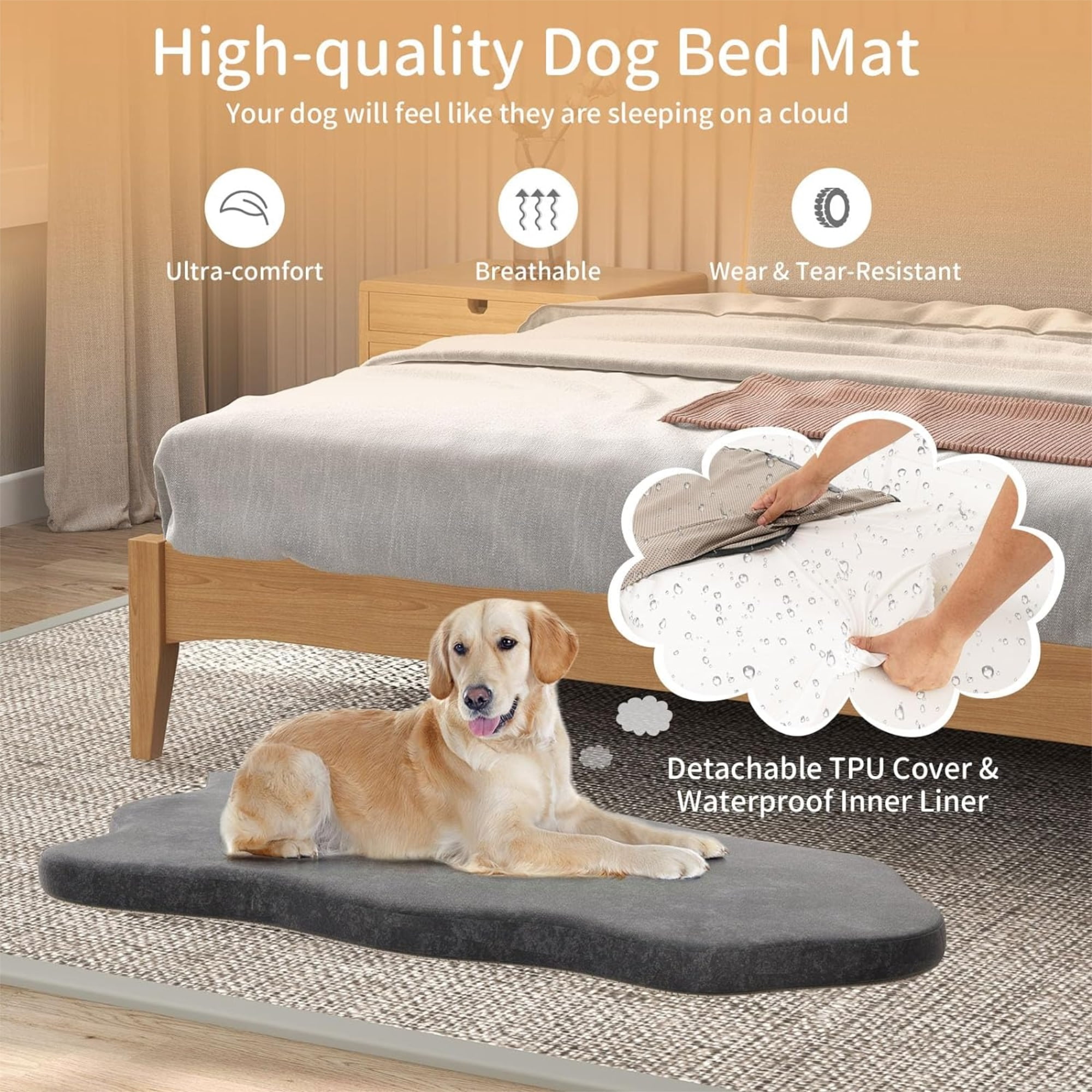 Kadyn 43" Orthopedic Dog Bed with Memory Foam Support for Large Dogs, 3" Thick Memory Foam Pet Bed with Removable Cover, Gray