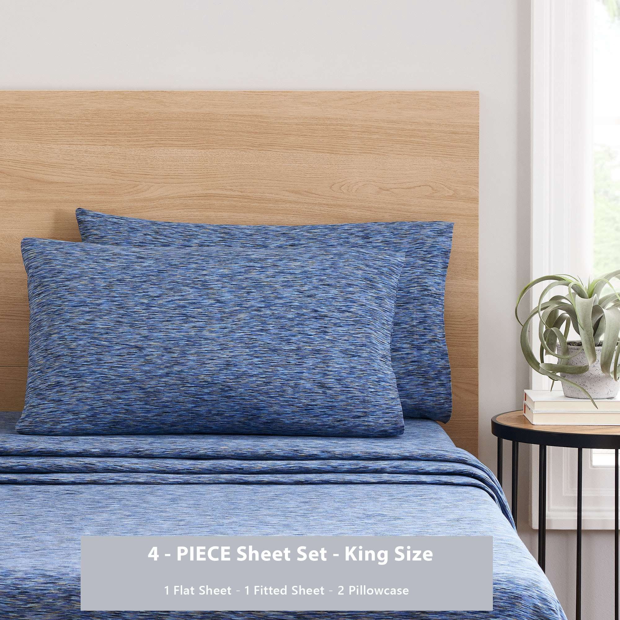 Mainstays 100% Cotton Extra Soft Jersey Bed Sheet Set, King, Blue Crackle, 4 Pieces